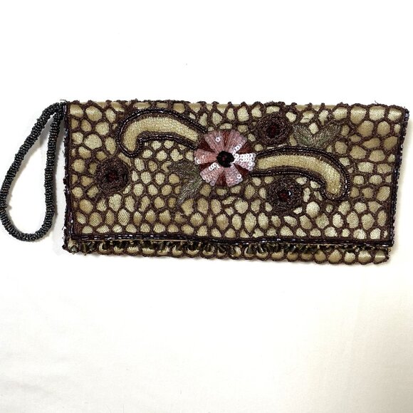Seasons of Cannon Falls Handbags - Vintage Y2K Seasons of Cannon Falls Beaded Wristlet Clutch Purse Gold Brown Pink